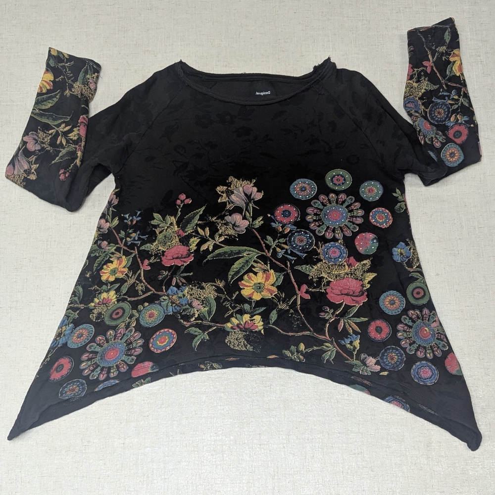 Desigual 100% Cotton Floral Mandala Sweater Raw Hem Rhinestones XL